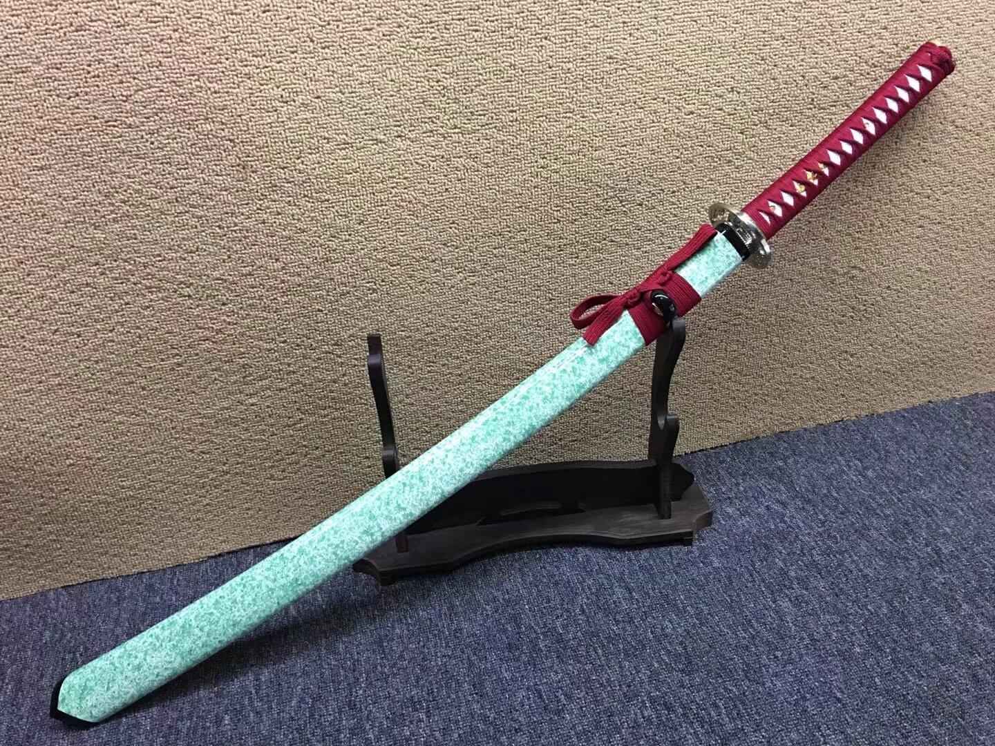Katana,Medium carbon steel bade,Light green scabbard — blade and hamon detail