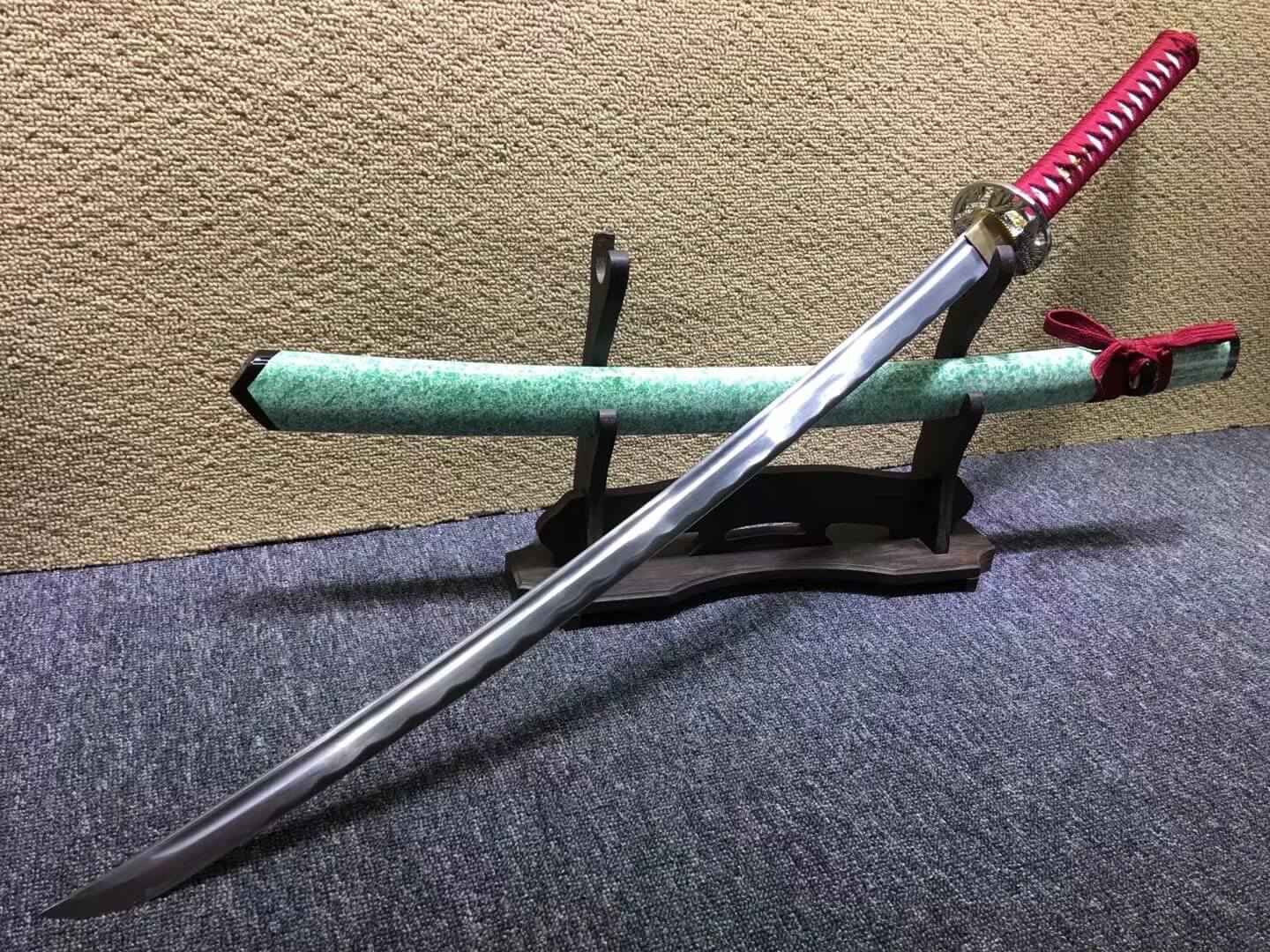 Katana,Medium carbon steel bade,Light green scabbard — handle and fittings close-up