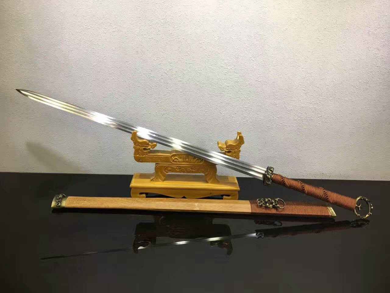 Han Dynasty sword(Damascus steel blade,Rosewood scabbard,Alloy) — handle and fittings close-up
