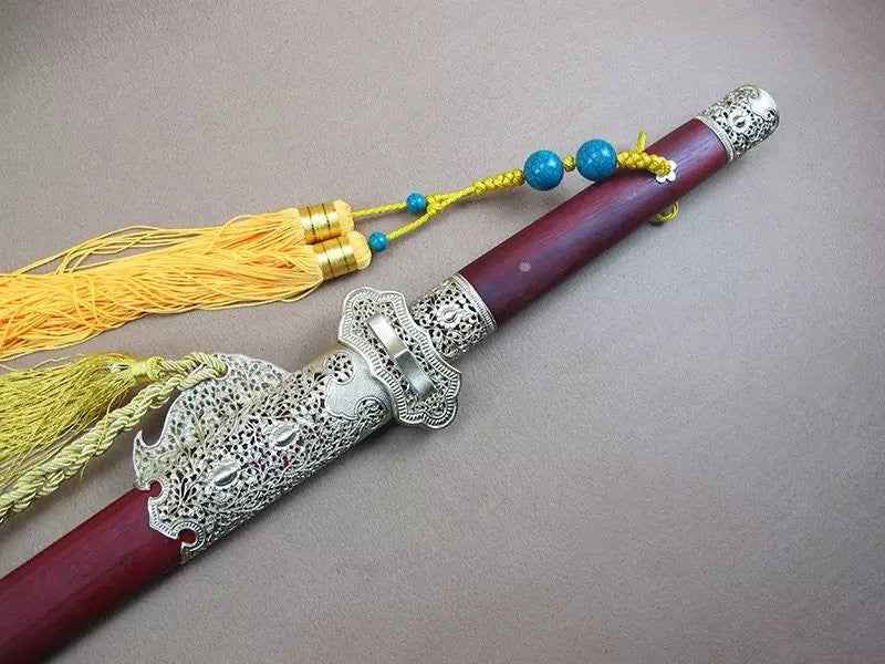 Tang jian/Damascus steel blade,Wood scabbard,Copper fitting — close-up detail view