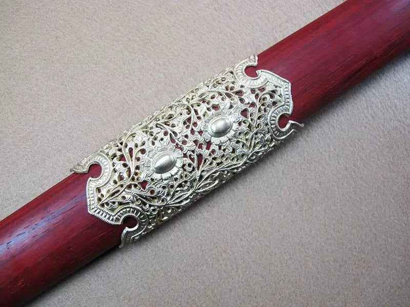 Tang jian/Damascus steel blade,Wood scabbard,Copper fitting — blade and hamon detail