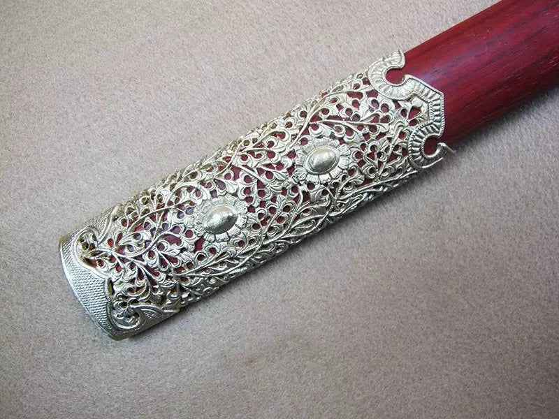 Tang jian/Damascus steel blade,Wood scabbard,Copper fitting — handle and fittings close-up