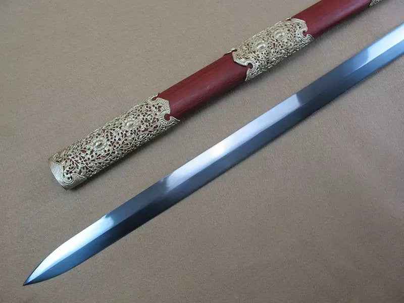 Tang jian/Damascus steel blade,Wood scabbard,Copper fitting — scabbard / saya detail