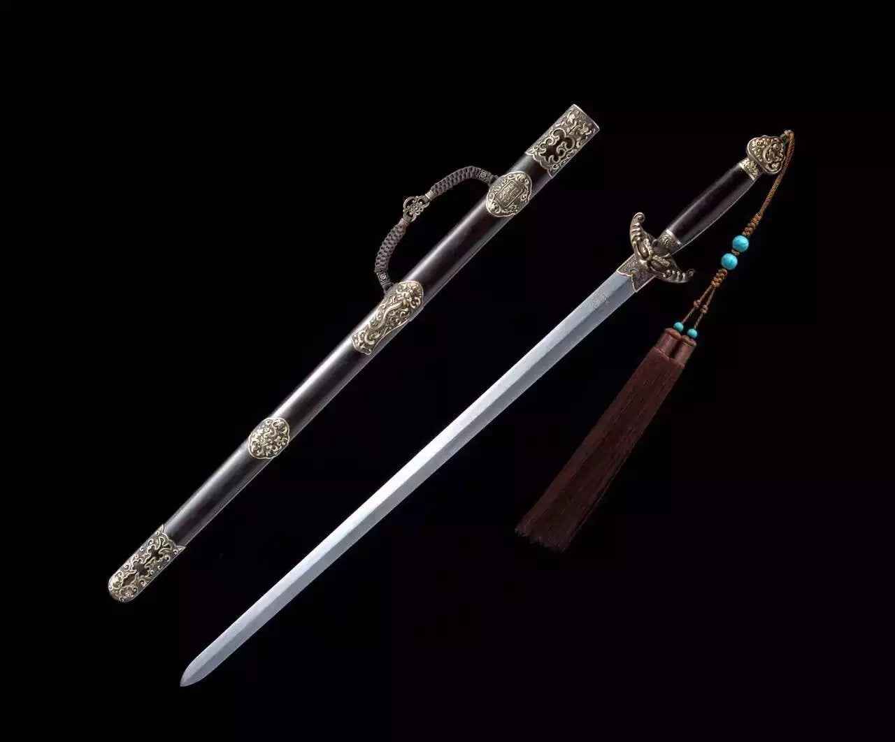 Qianlong sword,Folded steel,Ebony scabbard,Copper fitting,Length 39 inch — close-up detail view