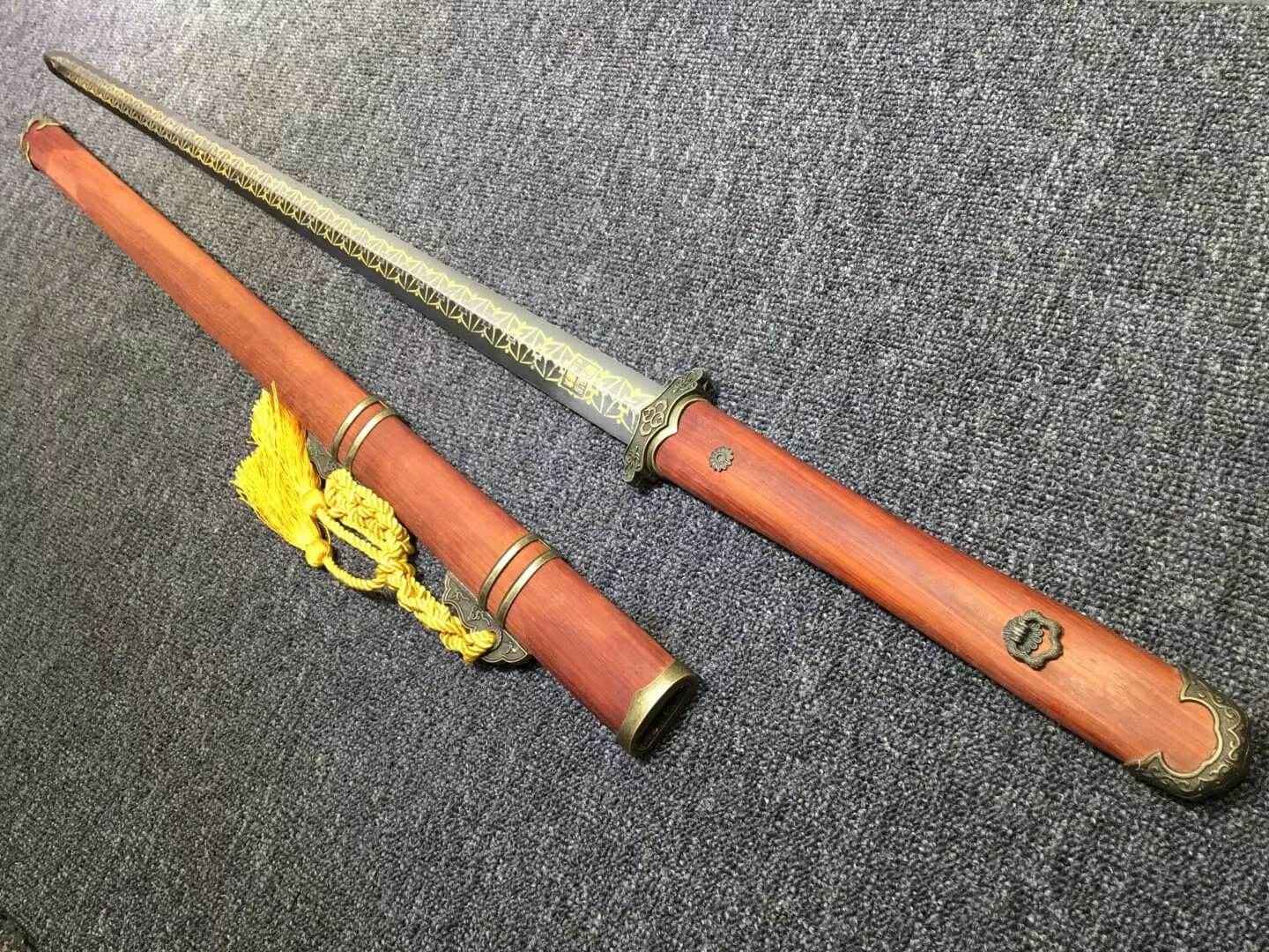 Tang jian,High carbon steel etch blade,Redwood,Alloy — handle and fittings close-up