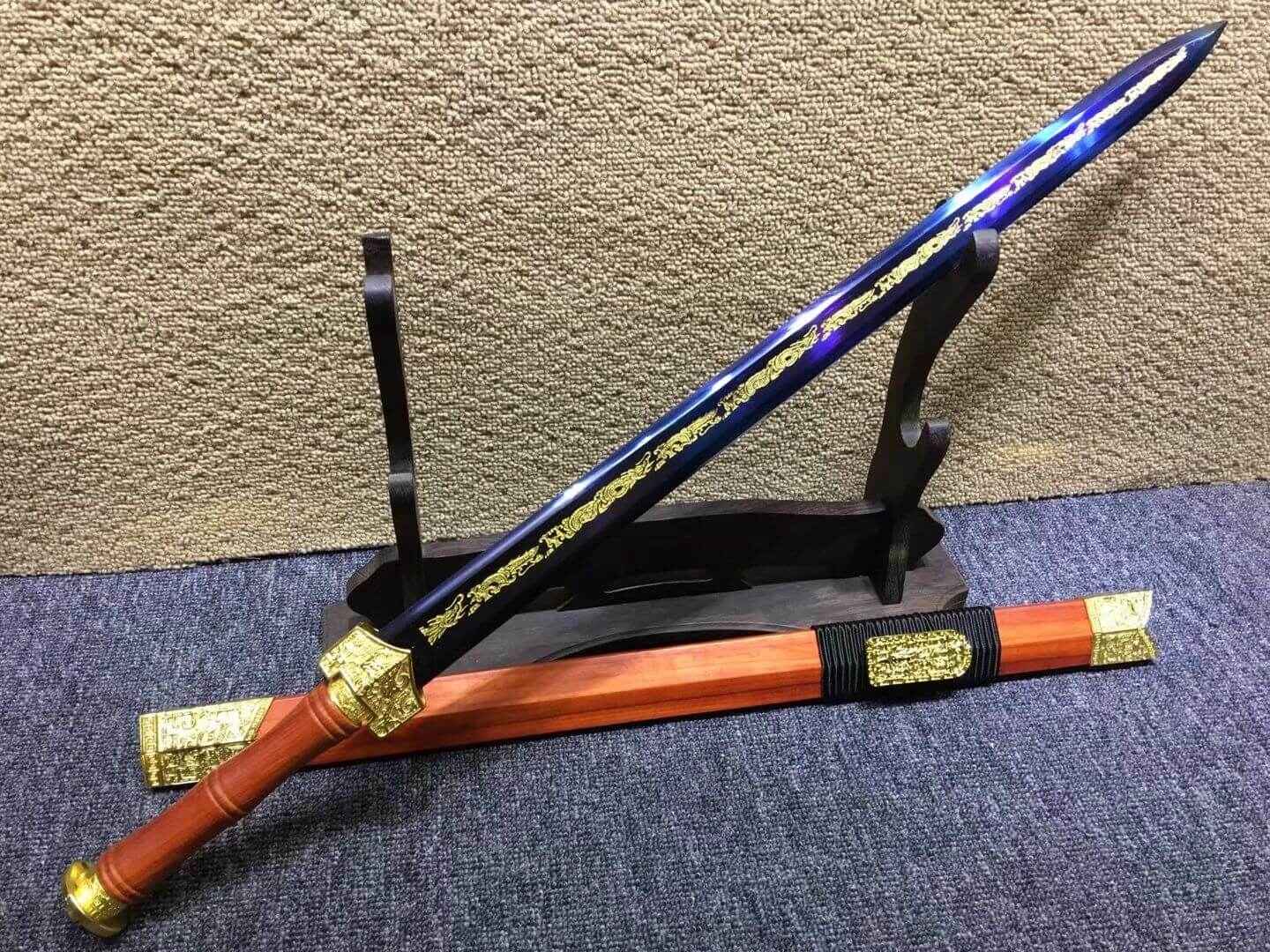 Qin sword,High carbon steel blue blade,Redwood scabbard,Alloy fittings — close-up detail view