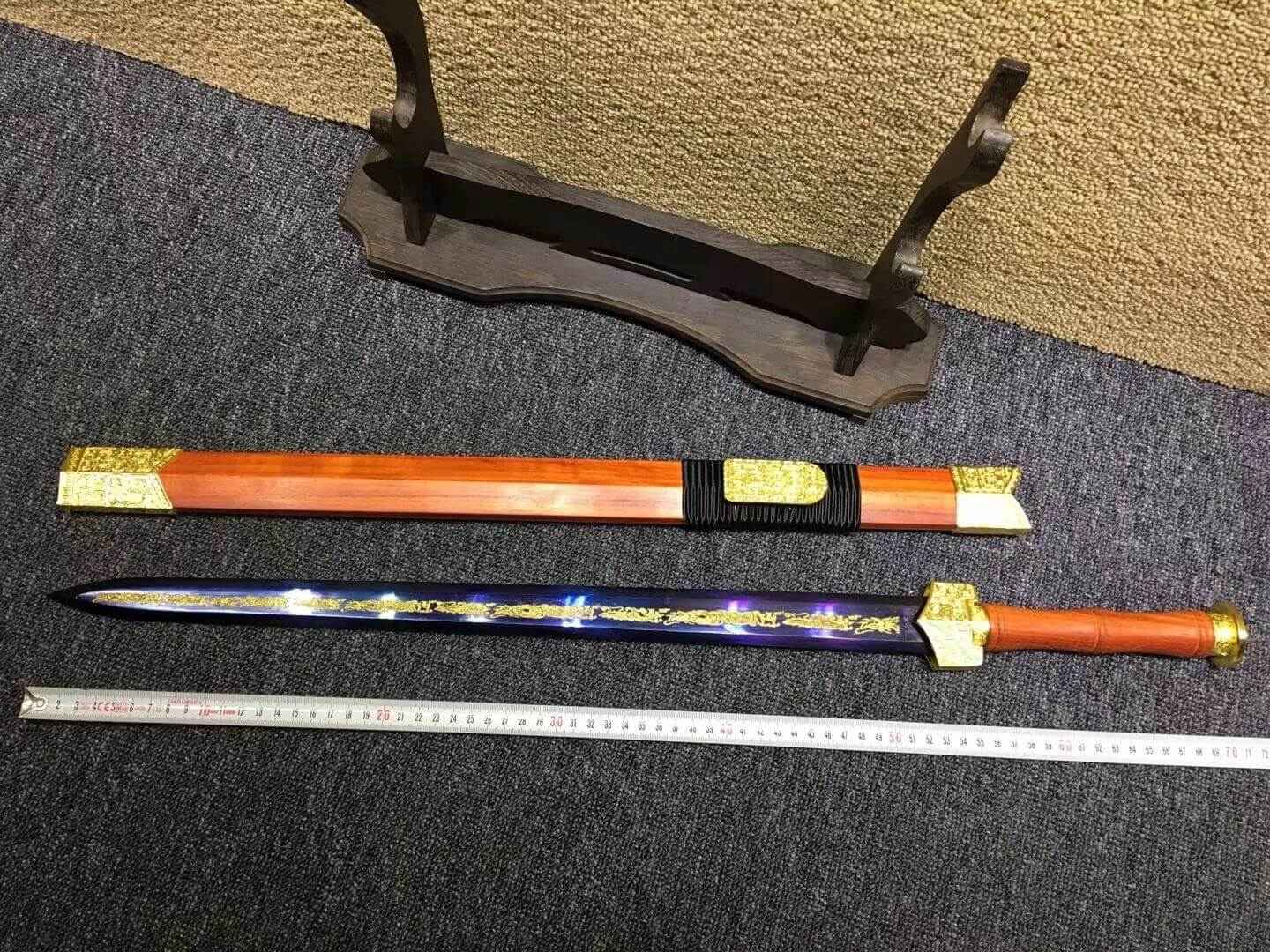 Qin sword,High carbon steel blue blade,Redwood scabbard,Alloy fittings — blade and hamon detail