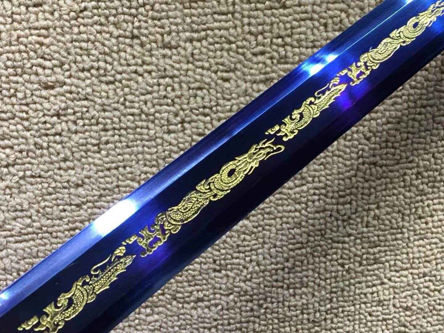 Qin sword,High carbon steel blue blade,Redwood scabbard,Alloy fittings — handle and fittings close-up