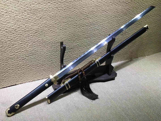 Tang dao,Damascus steel burn blade,Brass fittings,Black scabbard — Folded Damascus Steel Damascus Sword by DRACBLADE