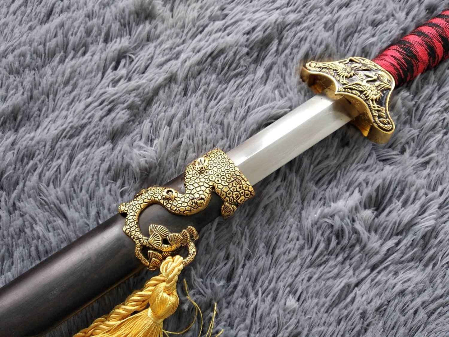 Pine crane sword,Damascus steel blade,Black wood,Alloy — close-up detail view