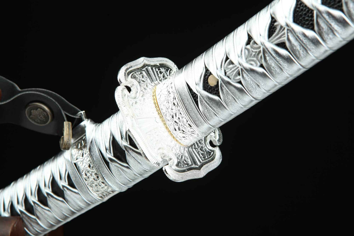 Japanese Tachi Sword – T10 Steel Blade with Ebony Wood Scabbard & Silver Wrap Handle — close-up detail view