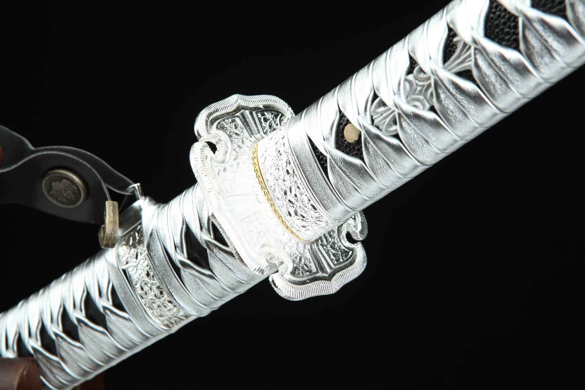 Japanese Tachi Sword – T10 Steel Blade with Ebony Wood Scabbard & Silver Wrap Handle — close-up detail view