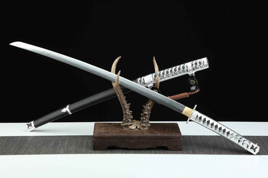 Japanese Tachi Sword – T10 Steel Blade with Ebony Wood Scabbard & Silver Wrap Handle — T10 Steel Japanese Tachi by DRACBLADE