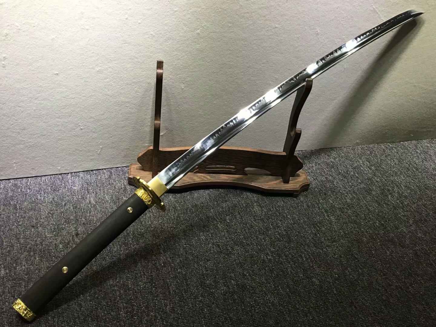 Nihontou Tachi/Katana/High carbon steel burn blade,Black wood,Alloy tosogu — handle and fittings close-up