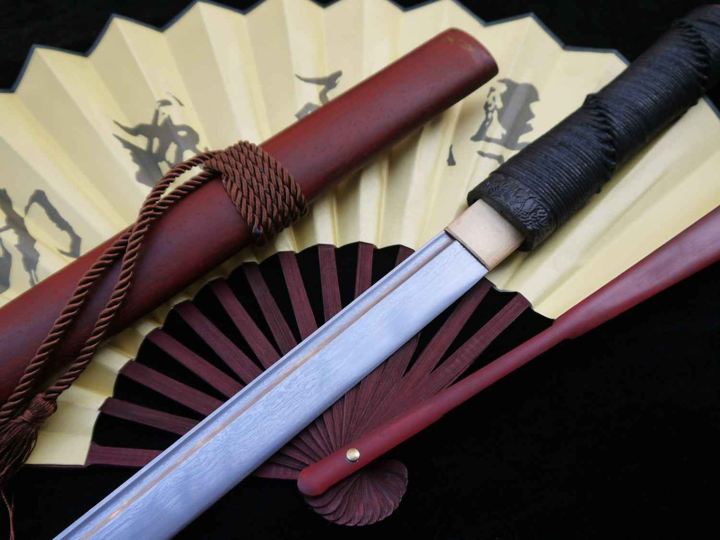 Tang sword,Folded steel,Redwood scabbard,Full tang,Length 39" — close-up detail view