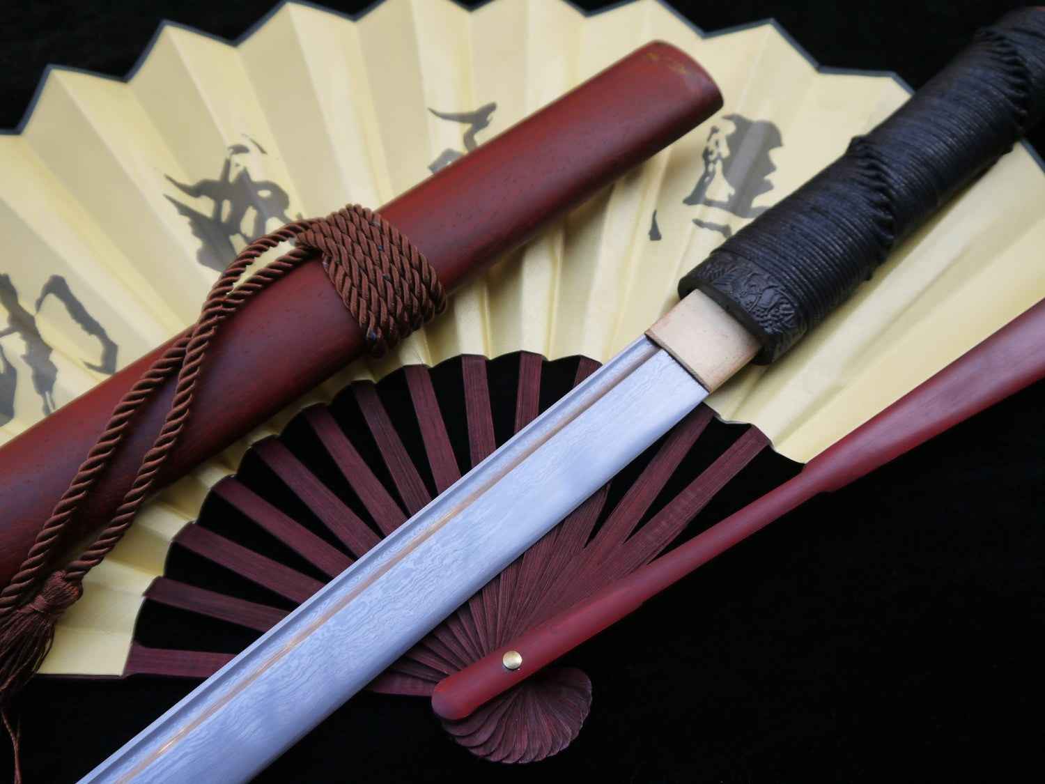 Tang sword,Folded steel,Redwood scabbard,Full tang,Length 39" — close-up detail view