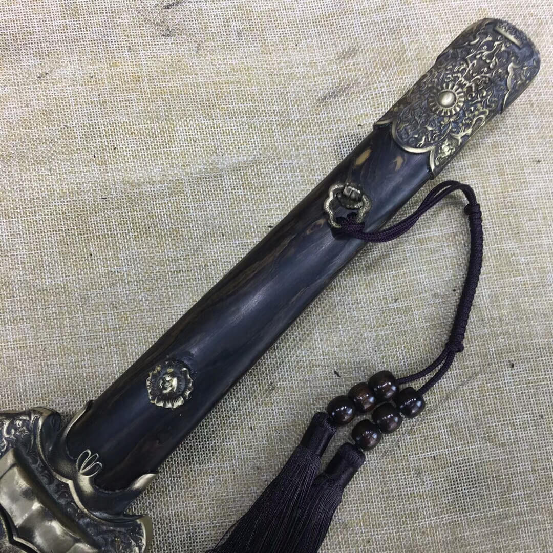 Damascus Steel Hexagonal Tang Dao with Brass Fittings – 39″ — scabbard / saya detail