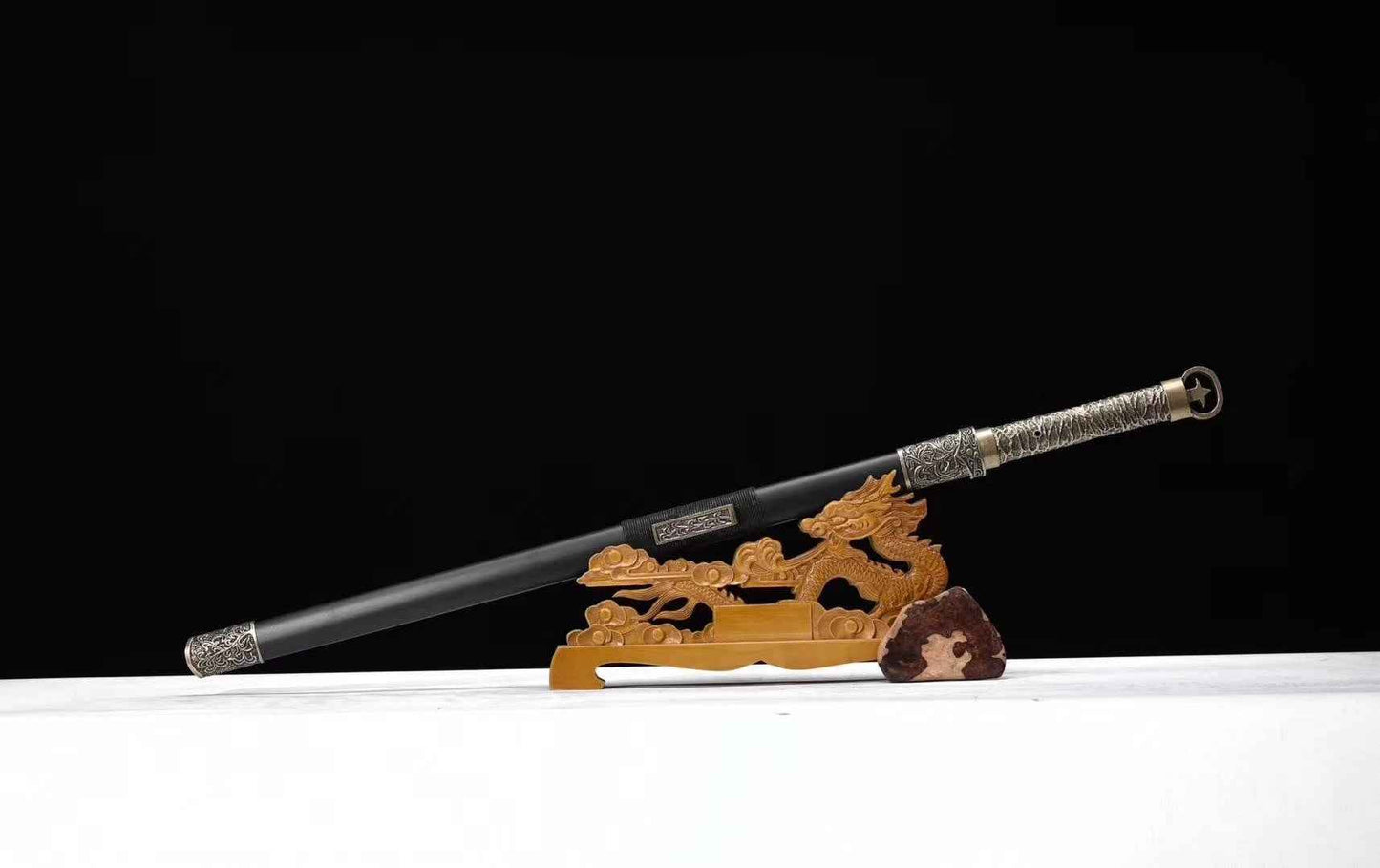 Tang dao,T10 steel burn blade,Black wood,Full tang,Chinese sword — close-up detail view