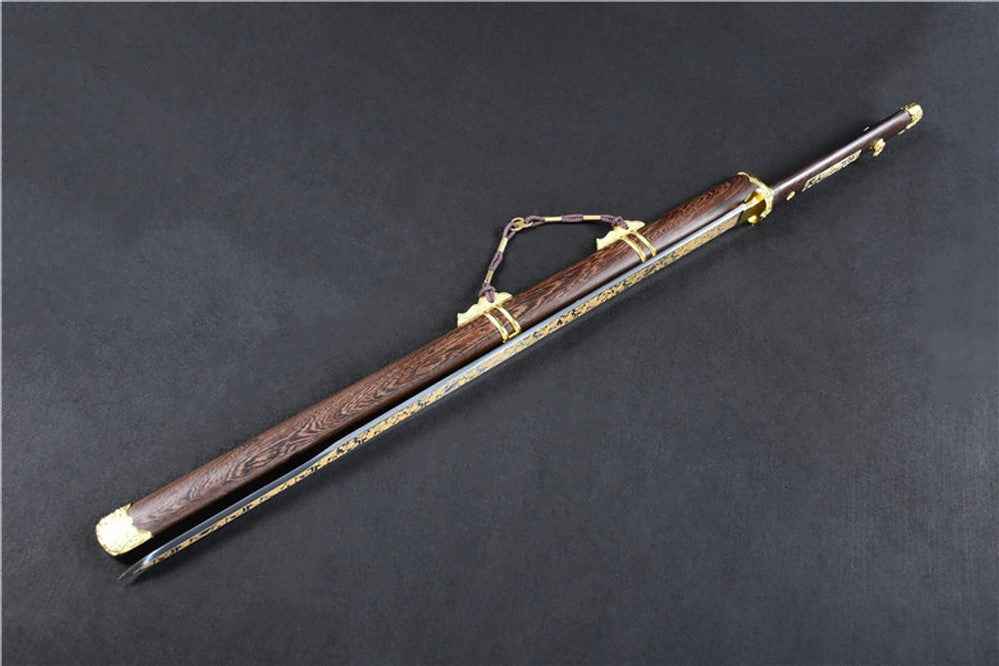 Tang jian sword,High carbon steel etch blade,Rosewood — close-up detail view