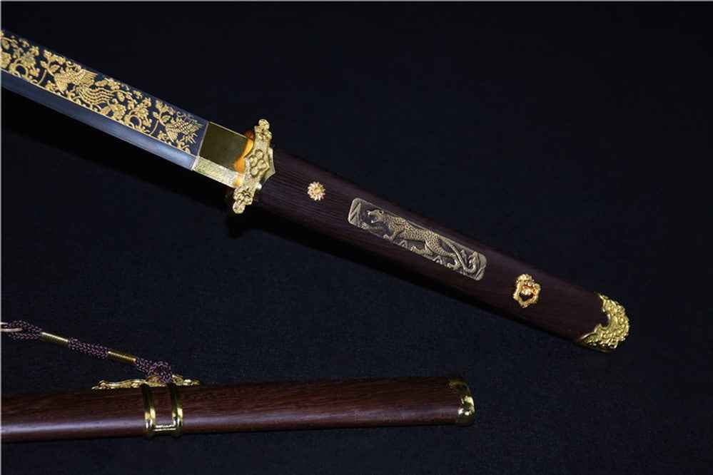Tang jian sword,High carbon steel etch blade,Rosewood — handle and fittings close-up
