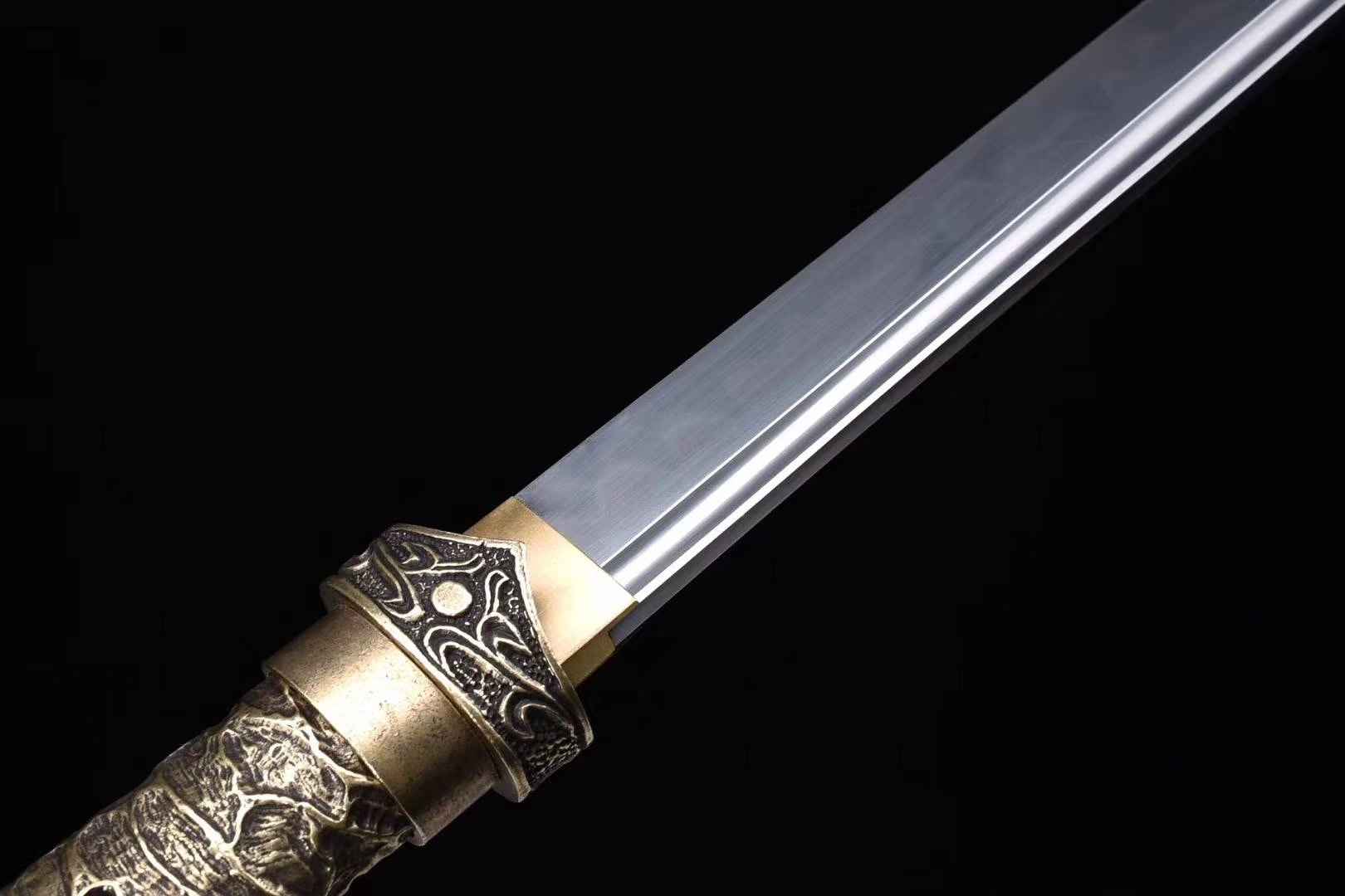 Tang dao,T10 steel burn blade,Black wood,Full tang,Chinese sword — handle and fittings close-up