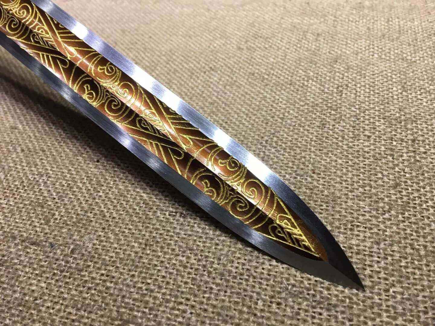 Wolong sword,High manganese steel blade,Black scabbard,Alloy fitting — close-up detail view