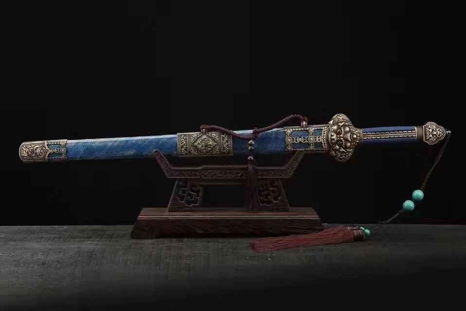 Yongle sword,Damascus steel blade,Blue skin scabbard,Brass — close-up detail view