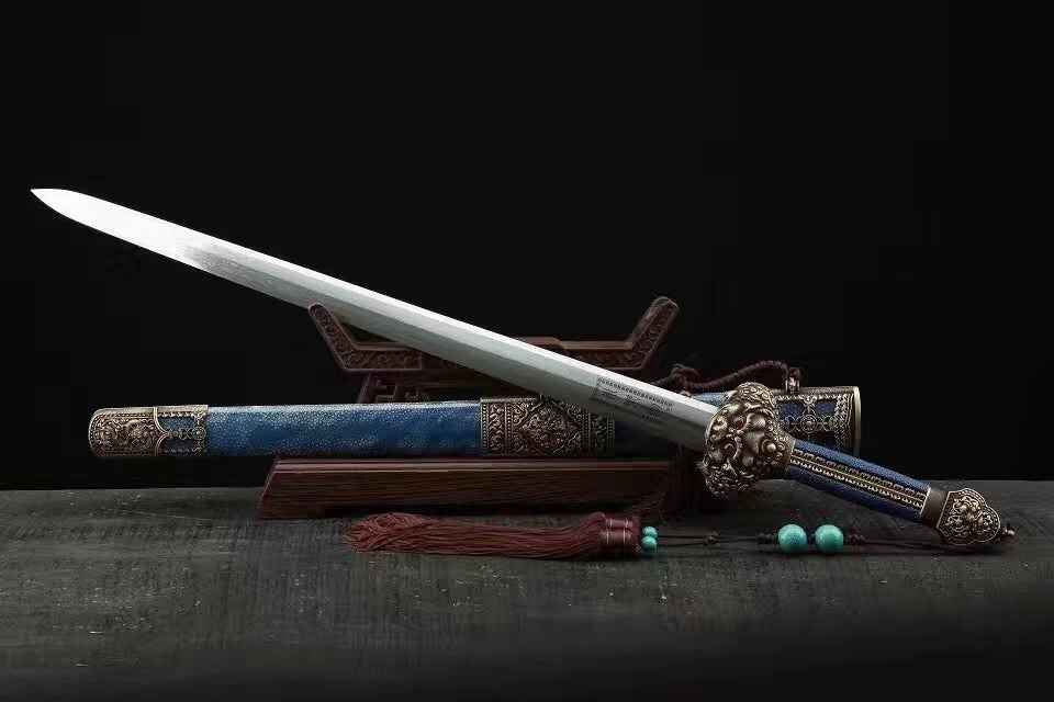 Yongle sword,Damascus steel blade,Blue skin scabbard,Brass — Folded Damascus Steel Damascus Sword by DRACBLADE