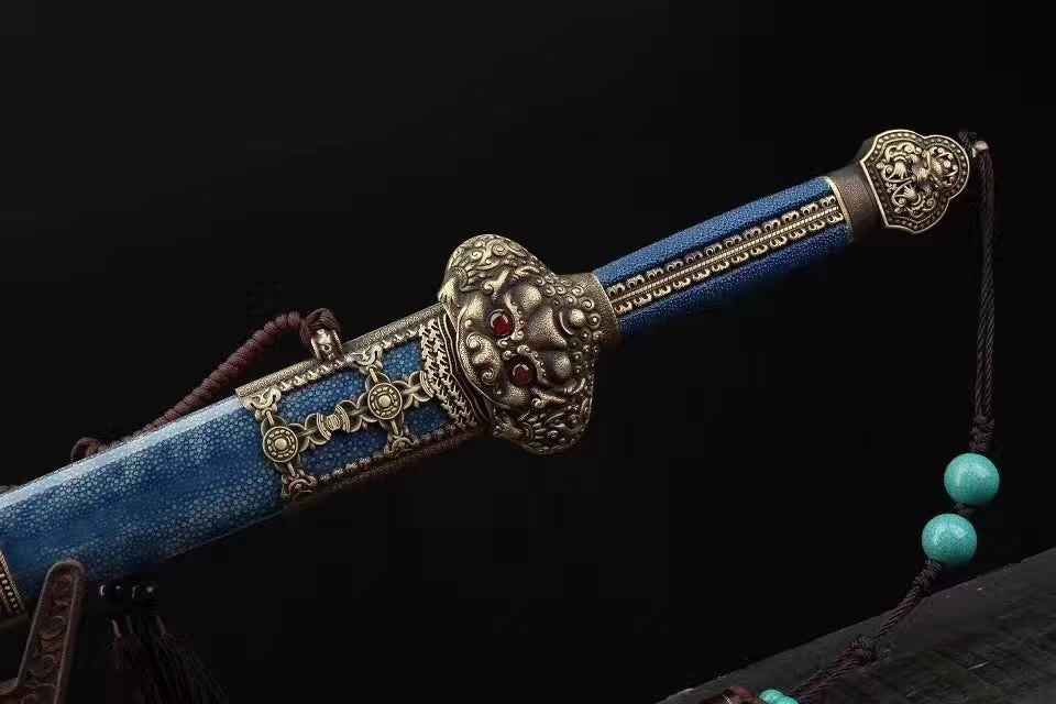 Yongle sword,Damascus steel blade,Blue skin scabbard,Brass — handle and fittings close-up