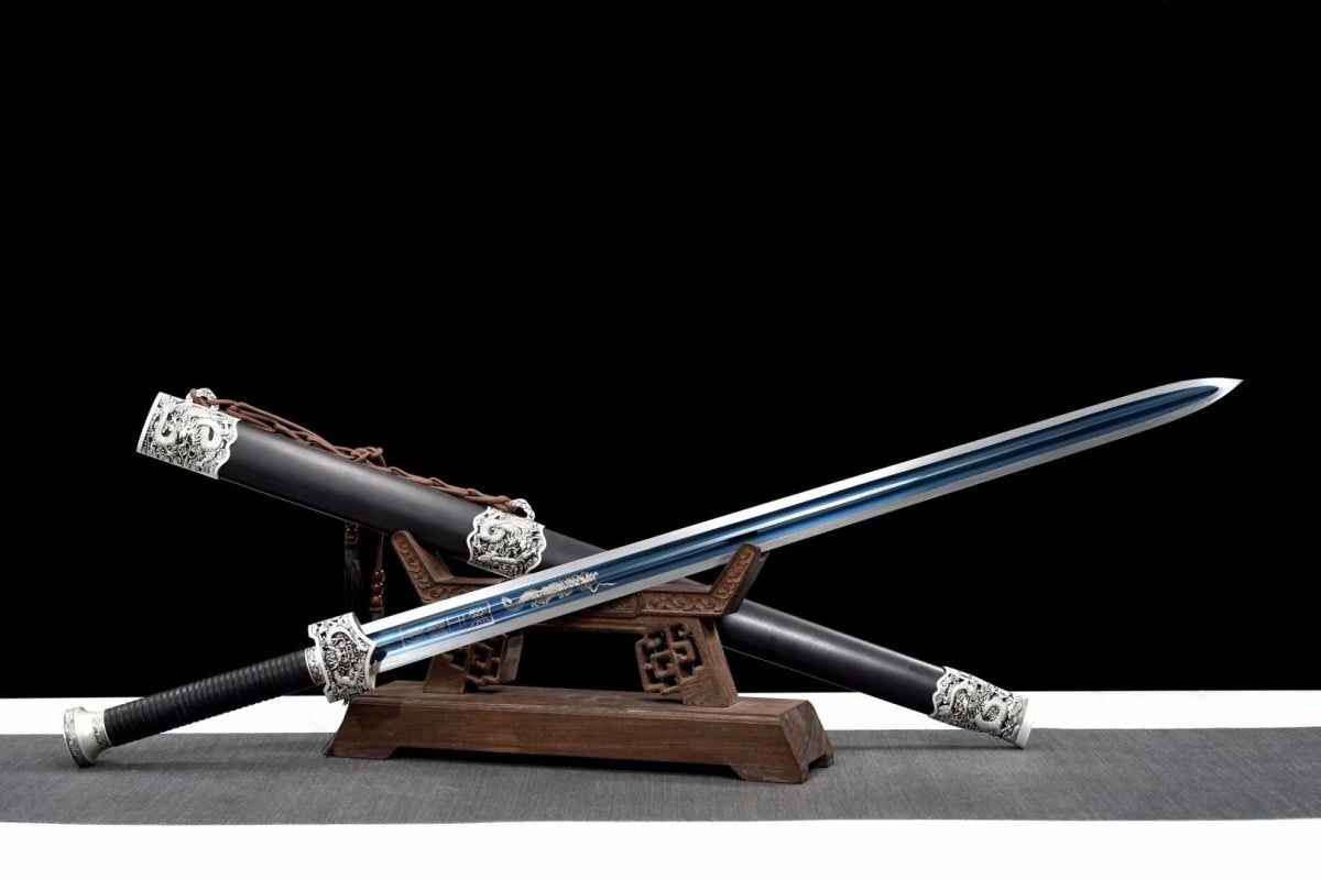 Yuewang Jian,Forged High carbon steel blue blade — handle and fittings close-up